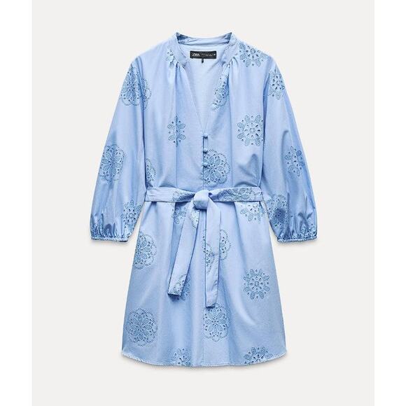 ZARA Women's Rubberized Embroidery Poplin Dress Size M In Sky Blue - Picture 3 of 12